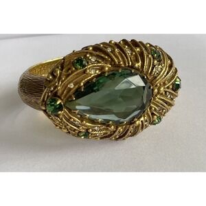 Vintage Hinge Cuff Bracelet Large Green Stone Tear Drop Gold Tone Statement Boho